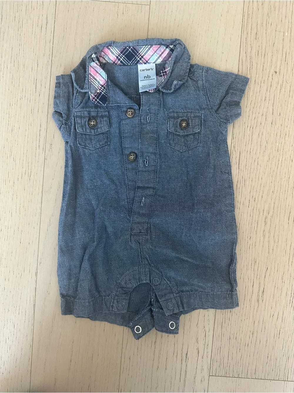 Carter's pack of 2 - Chambray-Style Romper with Pink & Navy Plaid Trim